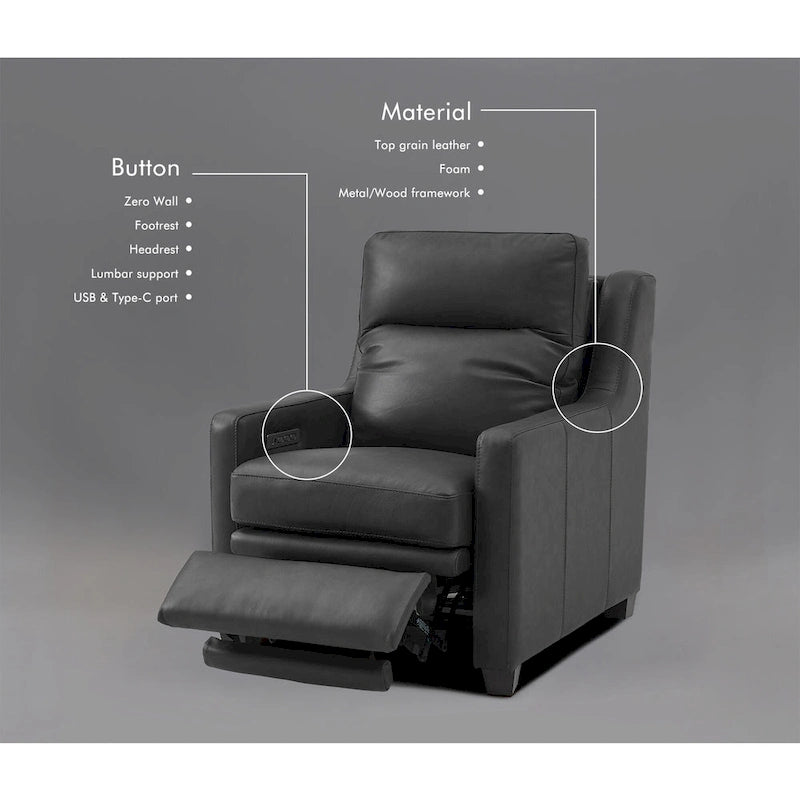 Canapé inclinable en cuir véritable 33 places, motorisation triple, zéro dégagement, avec ports USB et USB-C