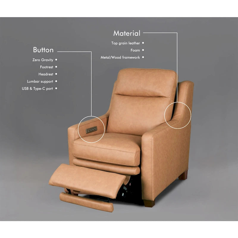 Canapé inclinable en cuir véritable 33 places, motorisation triple, zéro dégagement, avec ports USB et USB-C