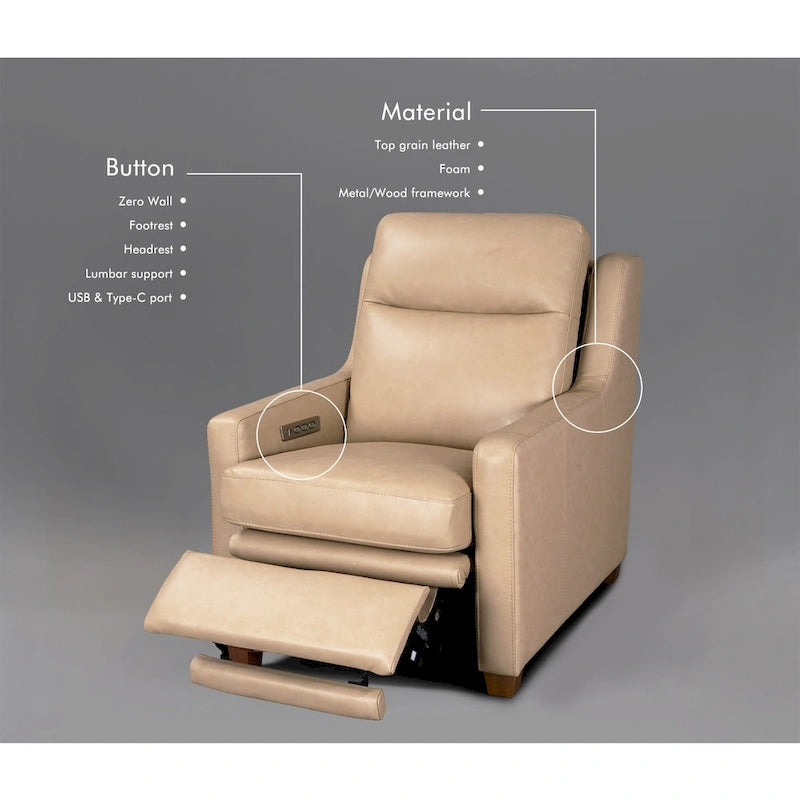 Canapé inclinable en cuir véritable 33 places, motorisation triple, zéro dégagement, avec ports USB et USB-C