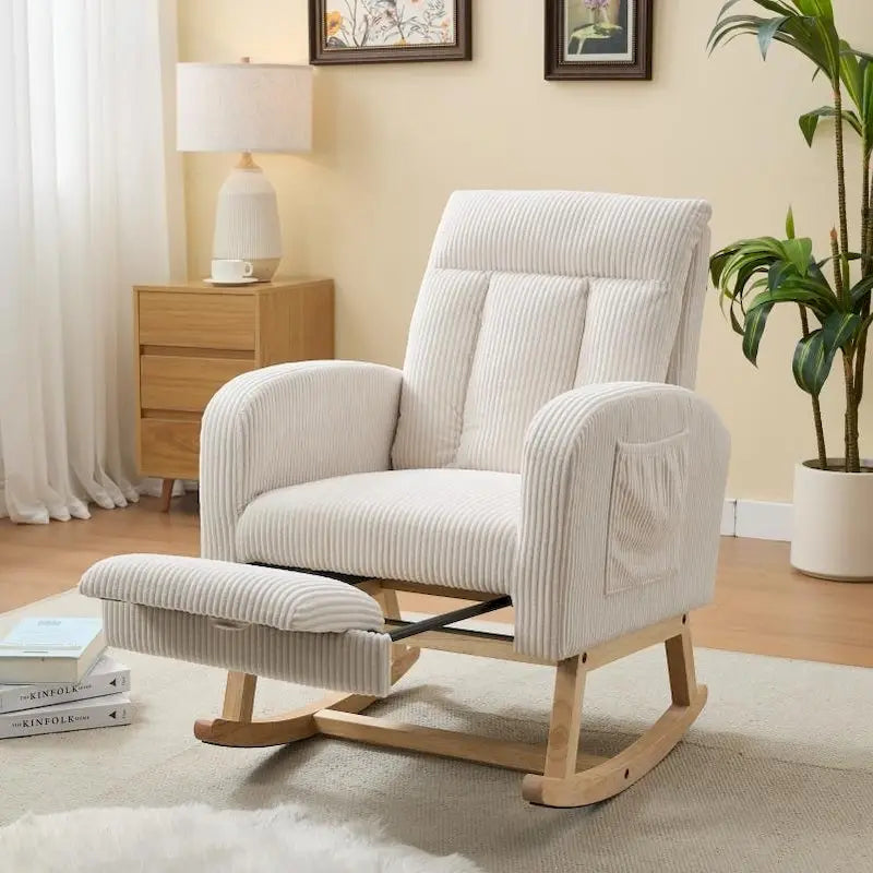 Fauteuil à bascule avec pieds en bois massif, planeur à bascule rembourré pour chambre de bébé, fauteuil confortable avec pochette latérale