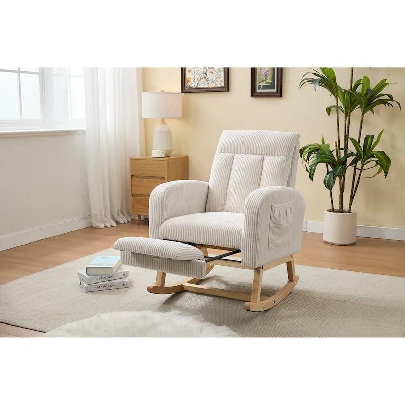 Fauteuil à bascule avec pieds en bois massif, planeur à bascule rembourré pour chambre de bébé, fauteuil confortable avec pochette latérale
