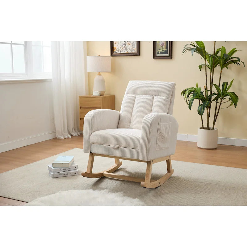 Fauteuil à bascule avec pieds en bois massif, planeur à bascule rembourré pour chambre de bébé, fauteuil confortable avec pochette latérale