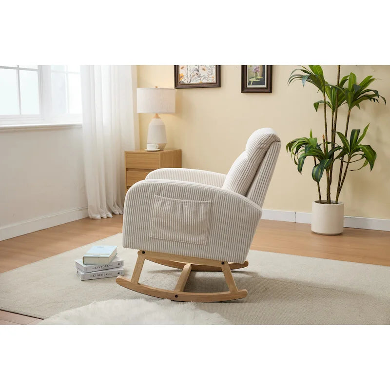 Fauteuil à bascule avec pieds en bois massif, planeur à bascule rembourré pour chambre de bébé, fauteuil confortable avec pochette latérale