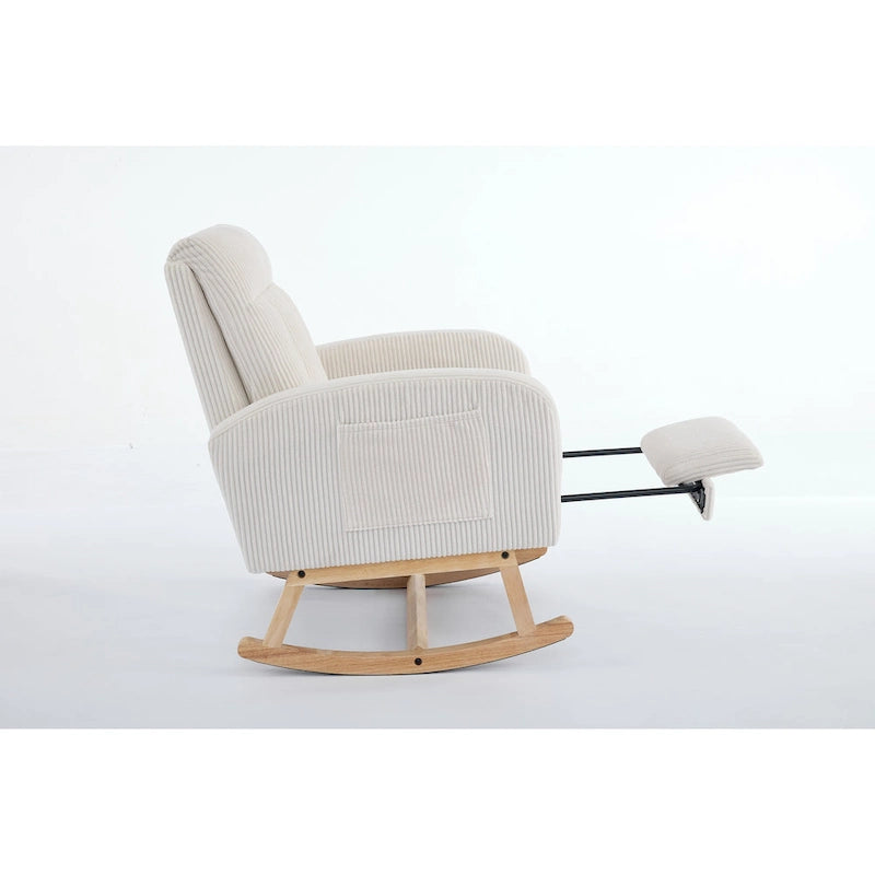Fauteuil à bascule avec pieds en bois massif, planeur à bascule rembourré pour chambre de bébé, fauteuil confortable avec pochette latérale