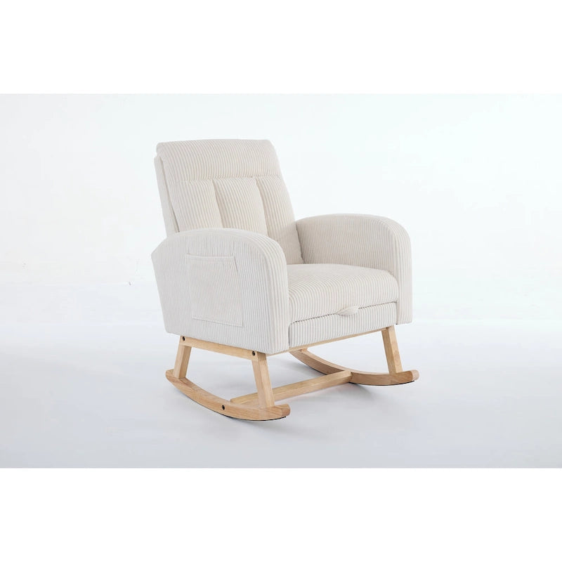 Fauteuil à bascule avec pieds en bois massif, planeur à bascule rembourré pour chambre de bébé, fauteuil confortable avec pochette latérale
