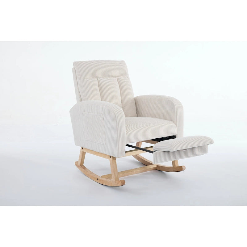 Fauteuil à bascule avec pieds en bois massif, planeur à bascule rembourré pour chambre de bébé, fauteuil confortable avec pochette latérale