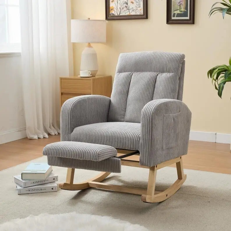 Fauteuil à bascule avec pieds en bois massif, planeur à bascule rembourré pour chambre de bébé, fauteuil confortable avec pochette latérale