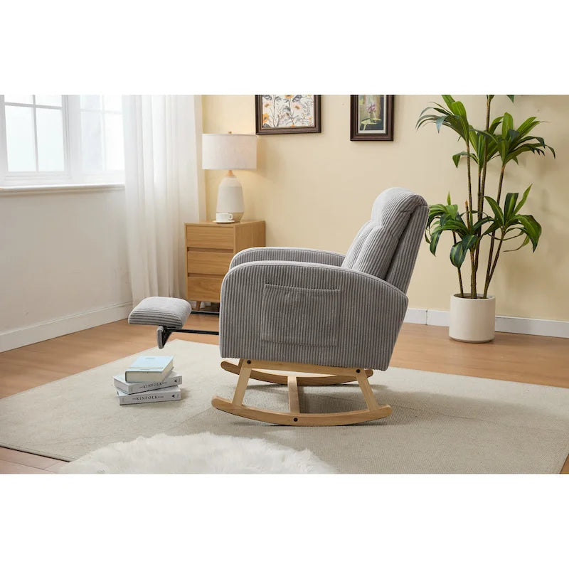 Fauteuil à bascule avec pieds en bois massif, planeur à bascule rembourré pour chambre de bébé, fauteuil confortable avec pochette latérale