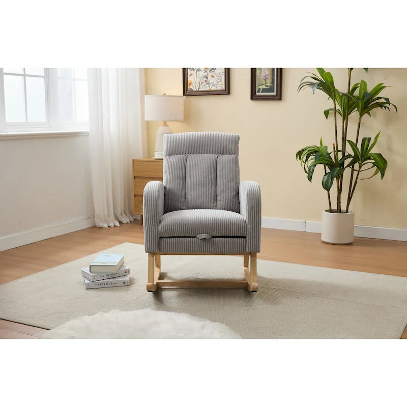 Fauteuil à bascule avec pieds en bois massif, planeur à bascule rembourré pour chambre de bébé, fauteuil confortable avec pochette latérale