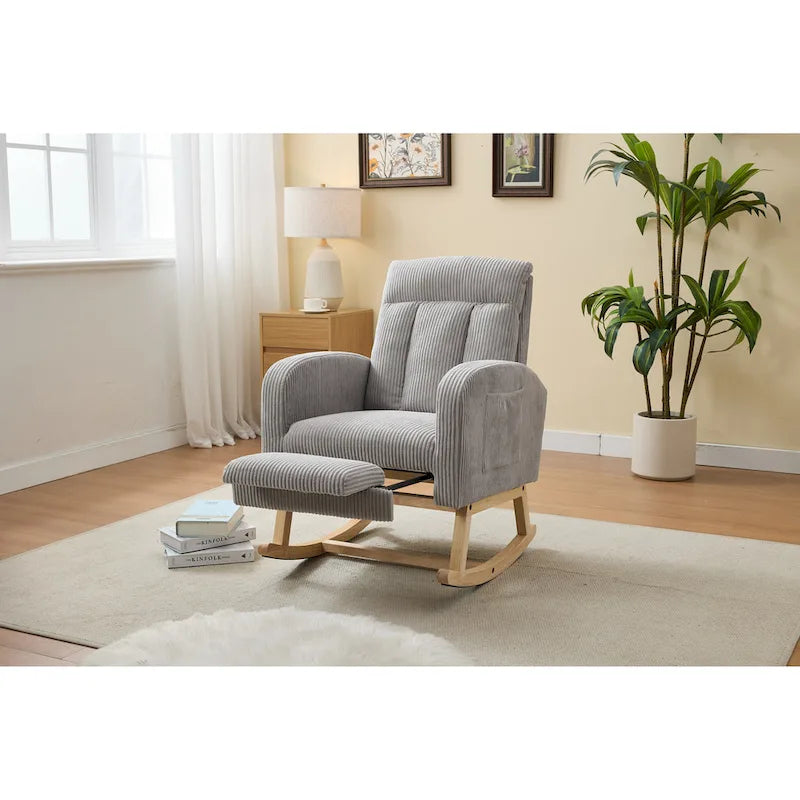Fauteuil à bascule avec pieds en bois massif, planeur à bascule rembourré pour chambre de bébé, fauteuil confortable avec pochette latérale