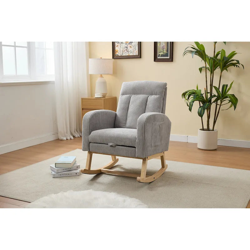 Fauteuil à bascule avec pieds en bois massif, planeur à bascule rembourré pour chambre de bébé, fauteuil confortable avec pochette latérale