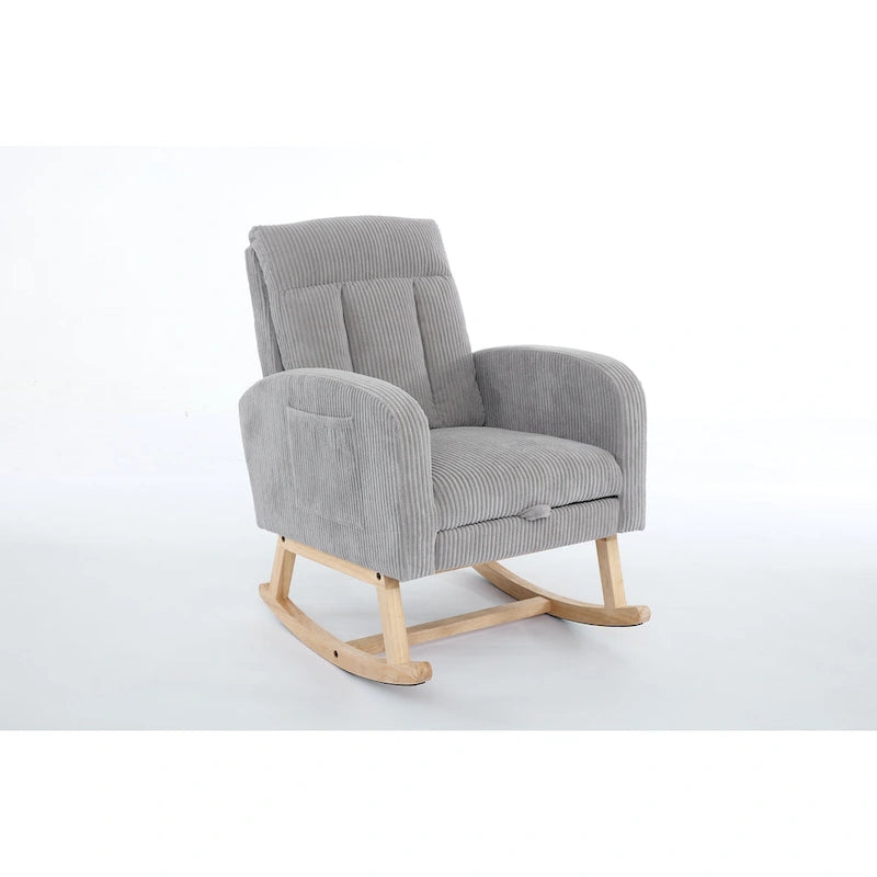 Fauteuil à bascule avec pieds en bois massif, planeur à bascule rembourré pour chambre de bébé, fauteuil confortable avec pochette latérale