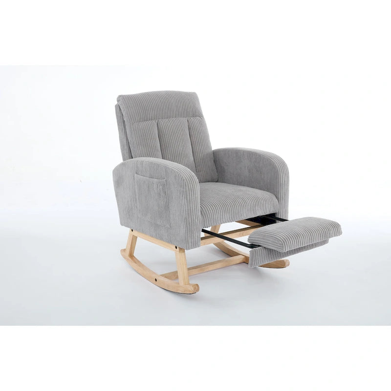 Fauteuil à bascule avec pieds en bois massif, planeur à bascule rembourré pour chambre de bébé, fauteuil confortable avec pochette latérale