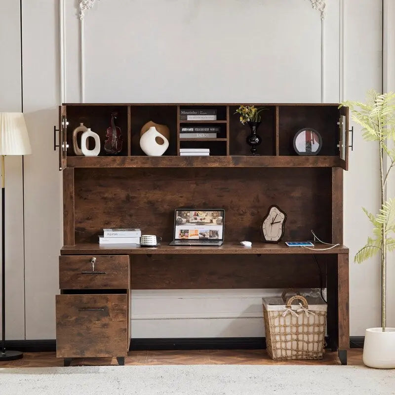 Bureau d'ordinateur rustique moderne avec huche de rangement