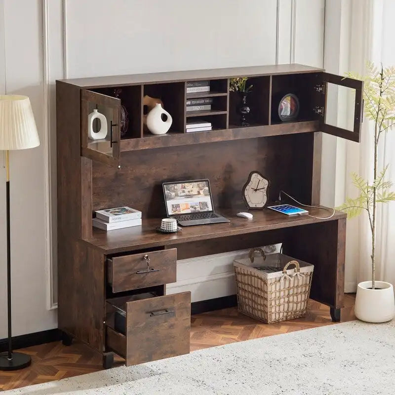 Bureau d'ordinateur rustique moderne avec huche de rangement