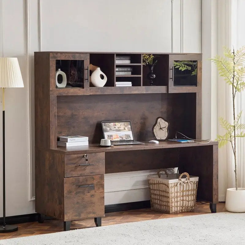 Bureau d'ordinateur rustique moderne avec huche de rangement