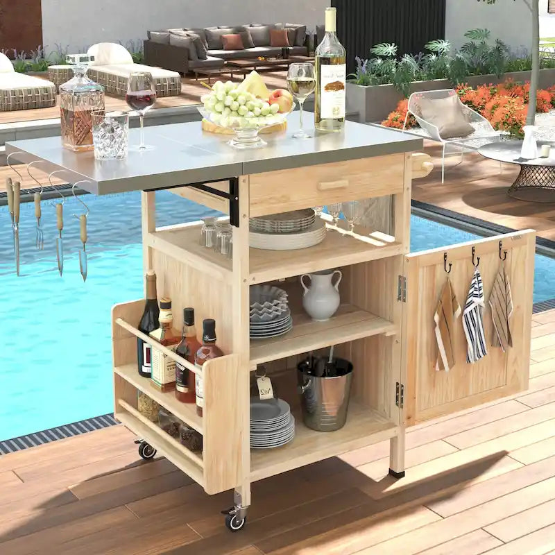 Chariot de cuisine d'extérieur 40,5" avec plateau en acier inoxydable, abattant, un tiroir, porte-serviettes, roulettes verrouillables