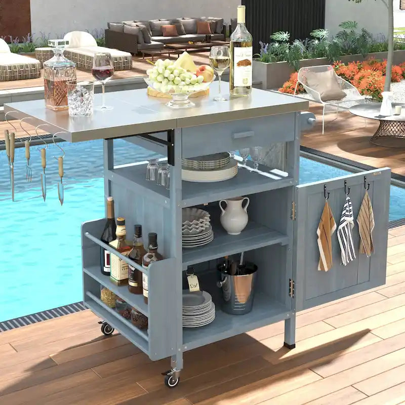 Chariot de cuisine d'extérieur 40,5" avec plateau en acier inoxydable, abattant, un tiroir, porte-serviettes, roulettes verrouillables