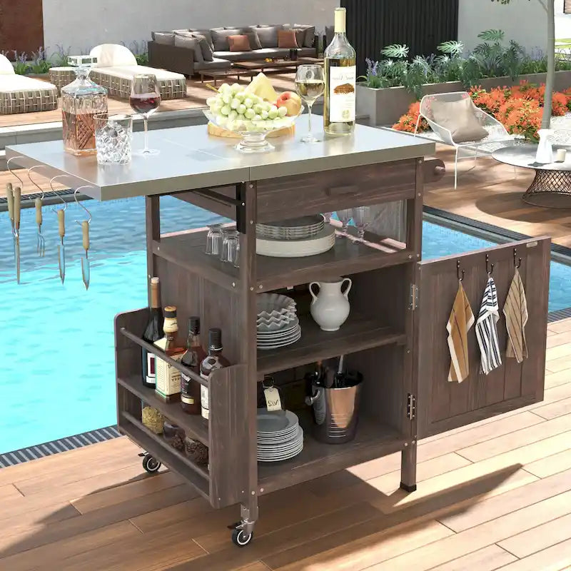 Chariot de cuisine d'extérieur 40,5" avec plateau en acier inoxydable, abattant, un tiroir, porte-serviettes, roulettes verrouillables