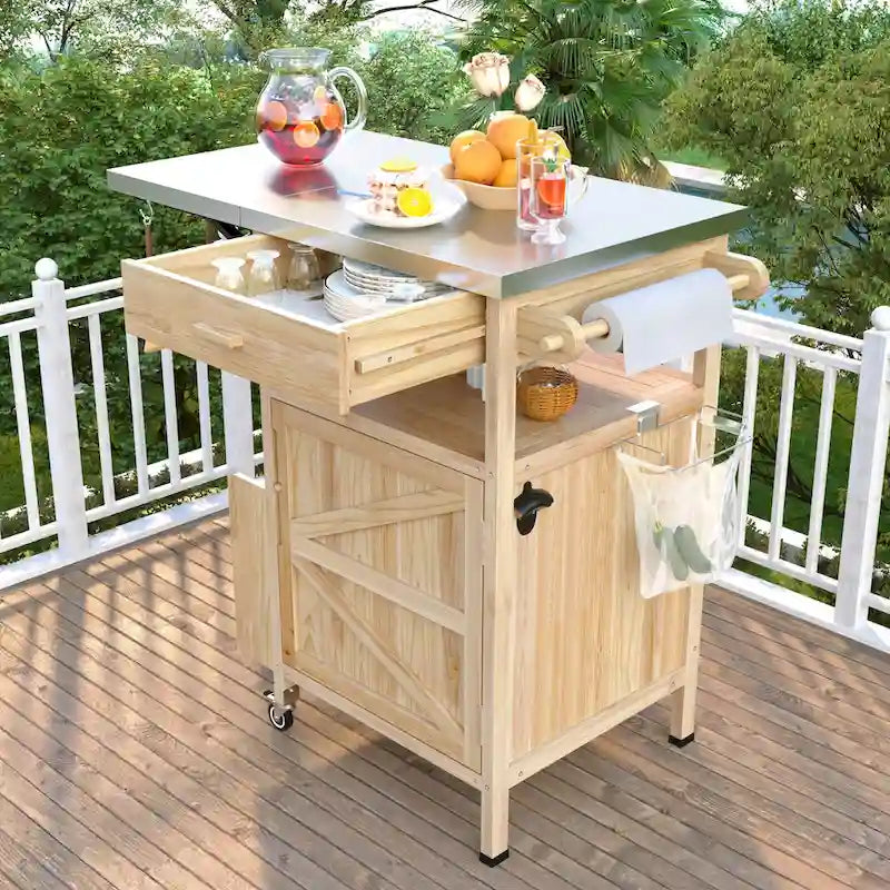 Chariot de cuisine d'extérieur 40,5" avec plateau en acier inoxydable, abattant, un tiroir, porte-serviettes, roulettes verrouillables