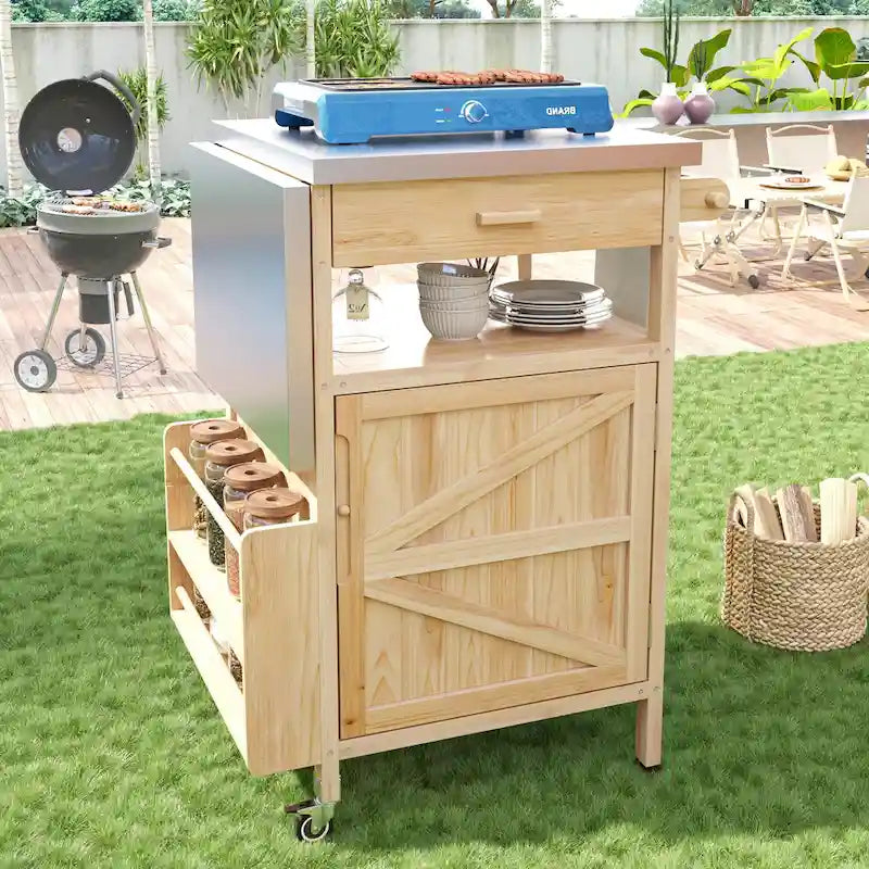 Chariot de cuisine d'extérieur 40,5" avec plateau en acier inoxydable, abattant, un tiroir, porte-serviettes, roulettes verrouillables