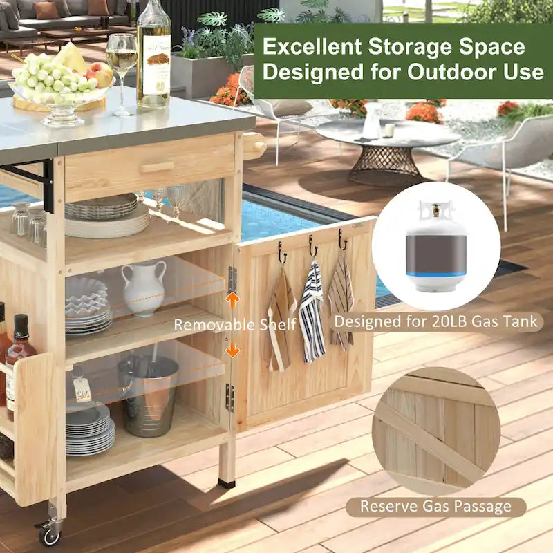 Chariot de cuisine d'extérieur 40,5" avec plateau en acier inoxydable, abattant, un tiroir, porte-serviettes, roulettes verrouillables