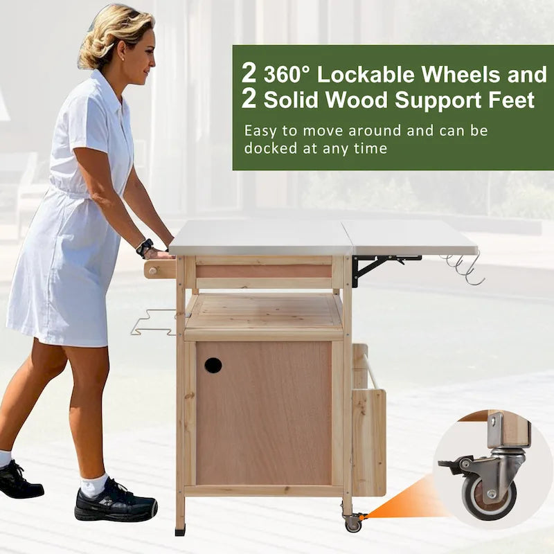 Chariot de cuisine d'extérieur 40,5" avec plateau en acier inoxydable, abattant, un tiroir, porte-serviettes, roulettes verrouillables
