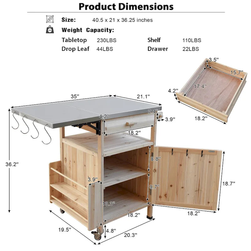 Chariot de cuisine d'extérieur 40,5" avec plateau en acier inoxydable, abattant, un tiroir, porte-serviettes, roulettes verrouillables