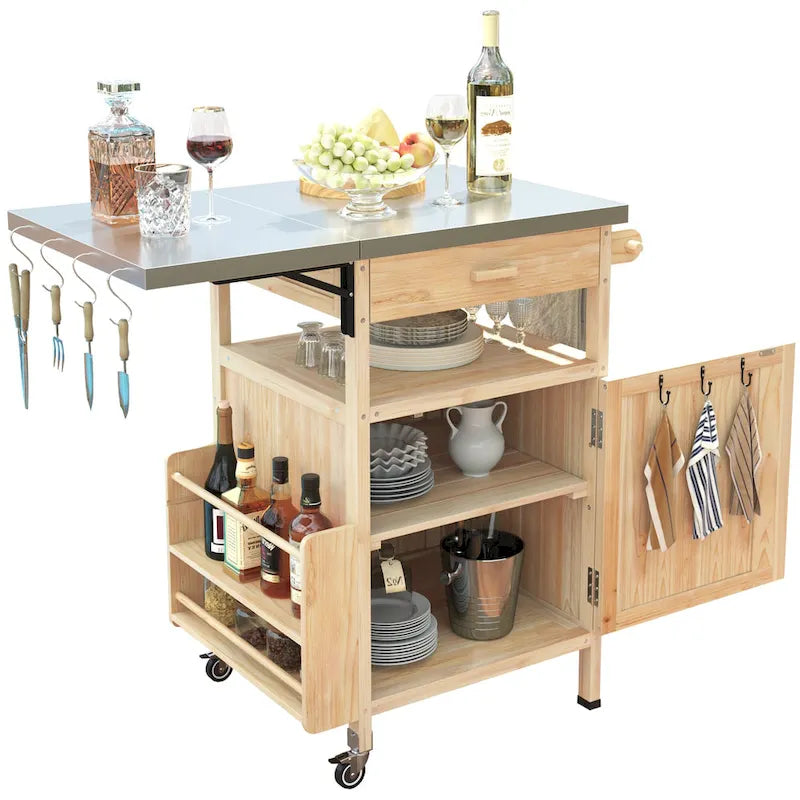 Chariot de cuisine d'extérieur 40,5" avec plateau en acier inoxydable, abattant, un tiroir, porte-serviettes, roulettes verrouillables