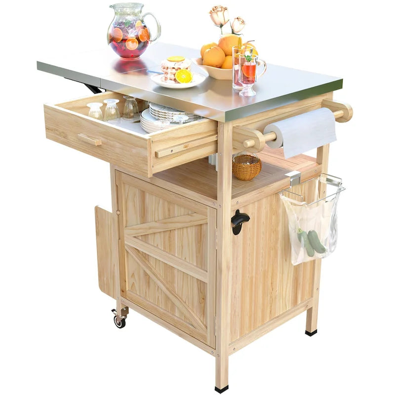 Chariot de cuisine d'extérieur 40,5" avec plateau en acier inoxydable, abattant, un tiroir, porte-serviettes, roulettes verrouillables