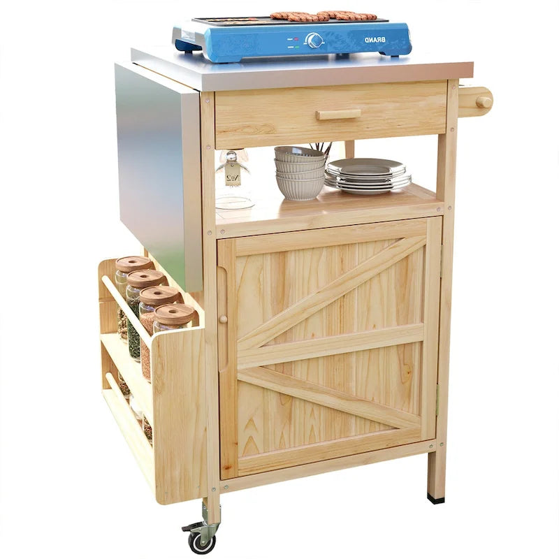 Chariot de cuisine d'extérieur 40,5" avec plateau en acier inoxydable, abattant, un tiroir, porte-serviettes, roulettes verrouillables
