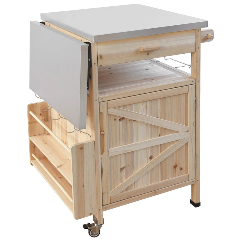 Chariot de cuisine d'extérieur 40,5" avec plateau en acier inoxydable, abattant, un tiroir, porte-serviettes, roulettes verrouillables
