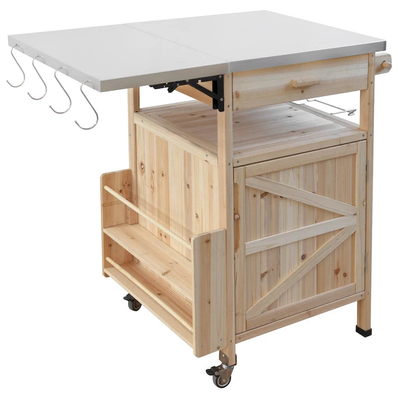 Chariot de cuisine d'extérieur 40,5" avec plateau en acier inoxydable, abattant, un tiroir, porte-serviettes, roulettes verrouillables