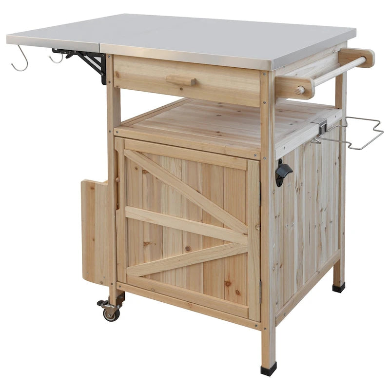 Chariot de cuisine d'extérieur 40,5" avec plateau en acier inoxydable, abattant, un tiroir, porte-serviettes, roulettes verrouillables