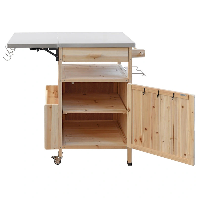 Chariot de cuisine d'extérieur 40,5" avec plateau en acier inoxydable, abattant, un tiroir, porte-serviettes, roulettes verrouillables