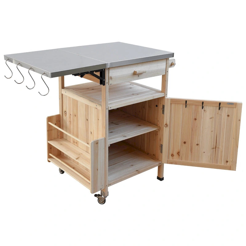 Chariot de cuisine d'extérieur 40,5" avec plateau en acier inoxydable, abattant, un tiroir, porte-serviettes, roulettes verrouillables