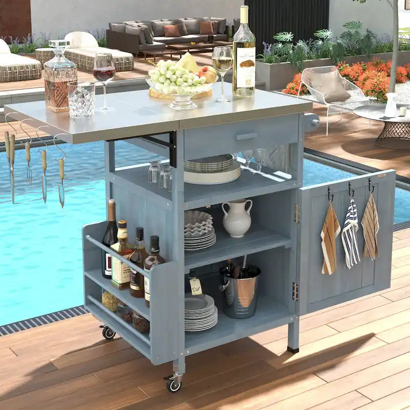 Chariot de cuisine d'extérieur 40,5" avec plateau en acier inoxydable, abattant, un tiroir, porte-serviettes, roulettes verrouillables