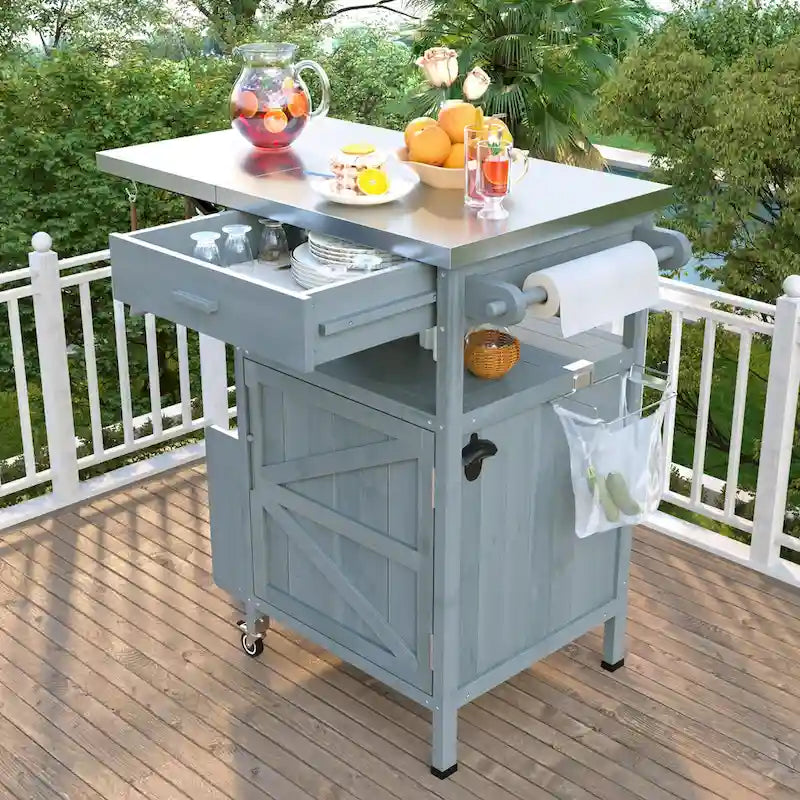 Chariot de cuisine d'extérieur 40,5" avec plateau en acier inoxydable, abattant, un tiroir, porte-serviettes, roulettes verrouillables