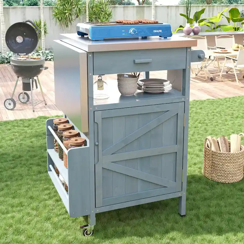 Chariot de cuisine d'extérieur 40,5" avec plateau en acier inoxydable, abattant, un tiroir, porte-serviettes, roulettes verrouillables