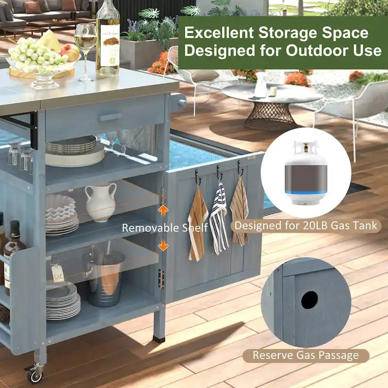 Chariot de cuisine d'extérieur 40,5" avec plateau en acier inoxydable, abattant, un tiroir, porte-serviettes, roulettes verrouillables