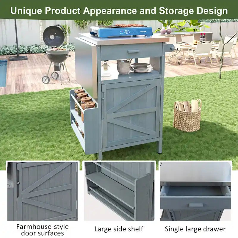 Chariot de cuisine d'extérieur 40,5" avec plateau en acier inoxydable, abattant, un tiroir, porte-serviettes, roulettes verrouillables