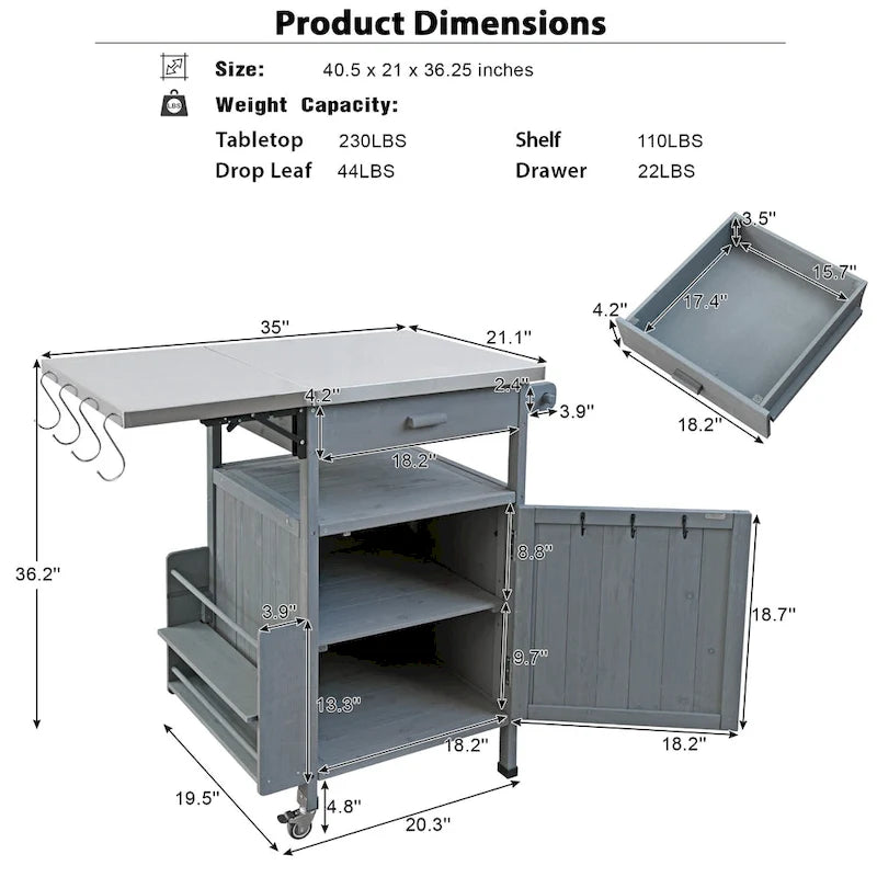 Chariot de cuisine d'extérieur 40,5" avec plateau en acier inoxydable, abattant, un tiroir, porte-serviettes, roulettes verrouillables