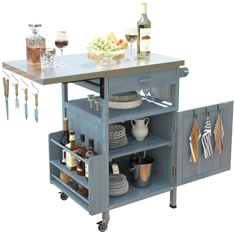 Chariot de cuisine d'extérieur 40,5" avec plateau en acier inoxydable, abattant, un tiroir, porte-serviettes, roulettes verrouillables