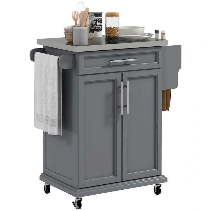 Îlot de cuisine sur roulettes, chariot de cuisine roulant avec comptoir en acier inoxydable, tiroir, porte-serviettes et porte-épices