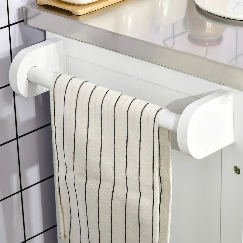 Îlot de cuisine sur roulettes, chariot de cuisine roulant avec comptoir en acier inoxydable, tiroir, porte-serviettes et porte-épices