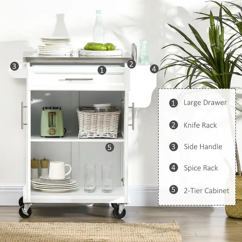 Îlot de cuisine sur roulettes, chariot de cuisine roulant avec comptoir en acier inoxydable, tiroir, porte-serviettes et porte-épices