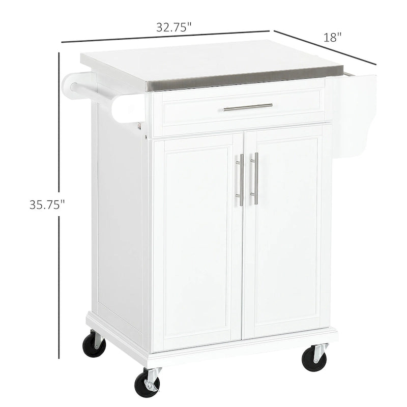 Îlot de cuisine sur roulettes, chariot de cuisine roulant avec comptoir en acier inoxydable, tiroir, porte-serviettes et porte-épices