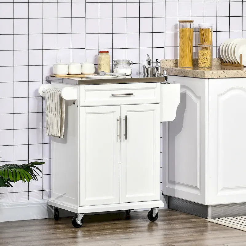 Îlot de cuisine sur roulettes, chariot de cuisine roulant avec comptoir en acier inoxydable, tiroir, porte-serviettes et porte-épices