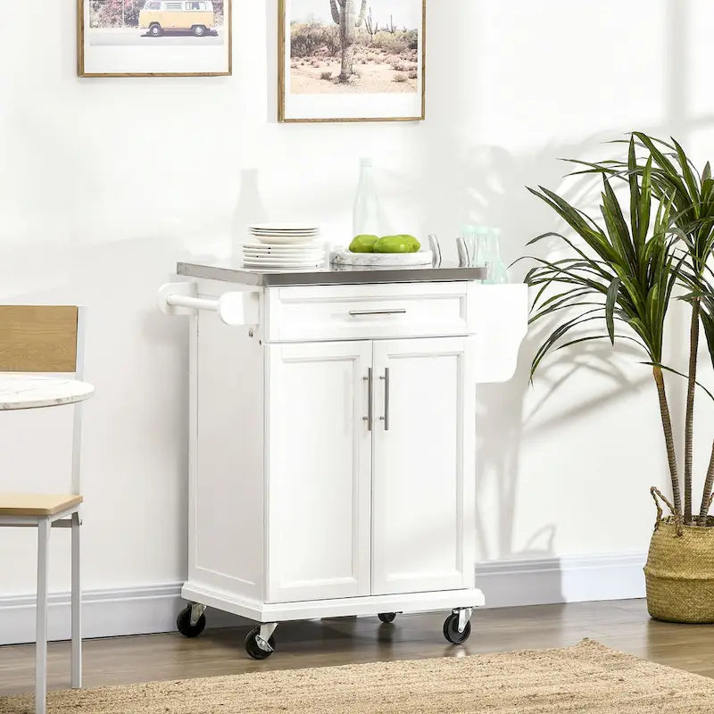 Îlot de cuisine sur roulettes, chariot de cuisine roulant avec comptoir en acier inoxydable, tiroir, porte-serviettes et porte-épices