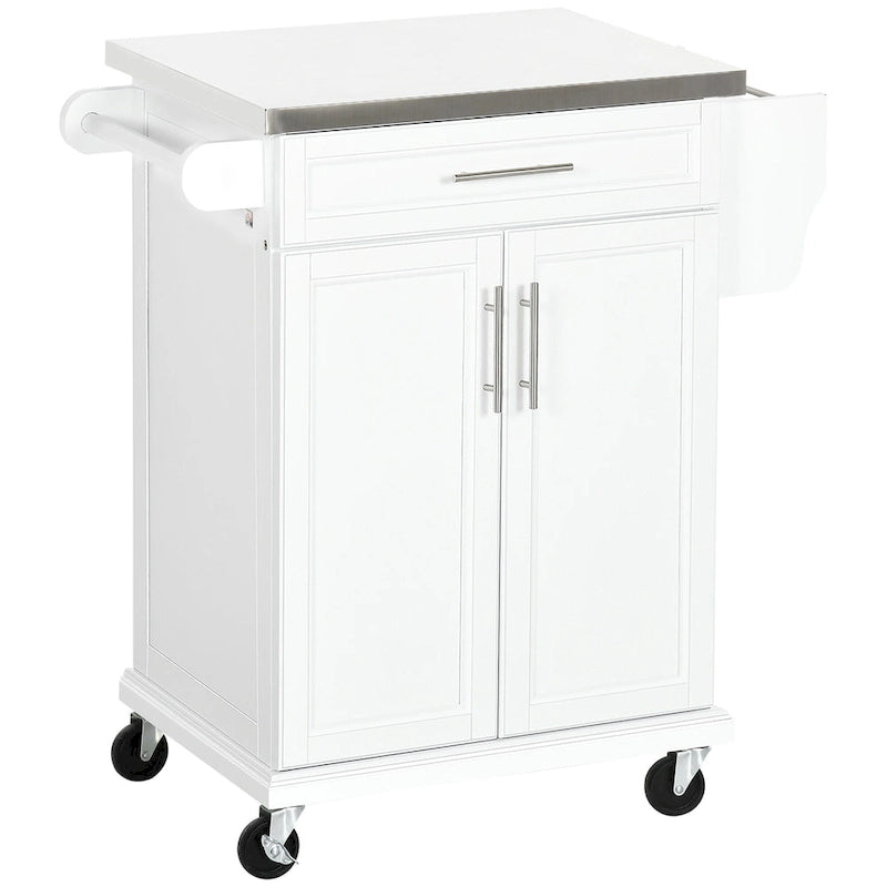 Îlot de cuisine sur roulettes, chariot de cuisine roulant avec comptoir en acier inoxydable, tiroir, porte-serviettes et porte-épices